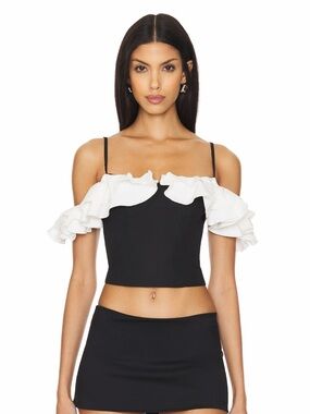 More To Come Revolve Corinna Black White Ruffled Flounce Cropped Top Size M NWT